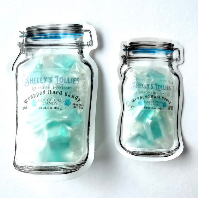 blue cotton candy hard candy from Shelly's Lollies.  Hand made candy, old fashioned candy, hard candy, light blue candy, blue candy, 1/2 pint pouch, 1 pint pouch, candy pouches, shellys lollies